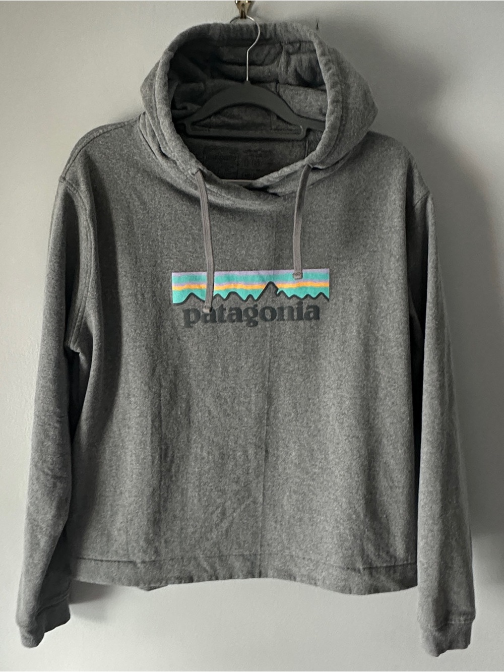 Patagonia Gray Pullover Hoodie with Teal, Yellow & Pink Logo